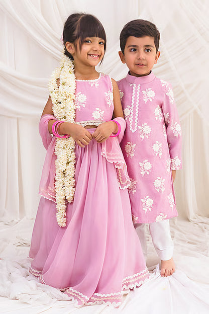 Pink Chanderi Lace, Embroidery Hem Lehenga Blouse Set