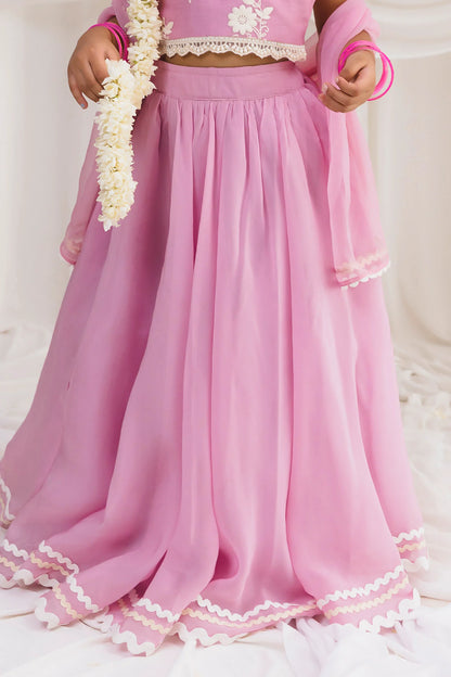 Pink Chanderi Lace, Embroidery Hem Lehenga Blouse Set