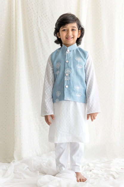 Embossed Cotton Kurta With Dandelion Embroided Linen Blue Jacket