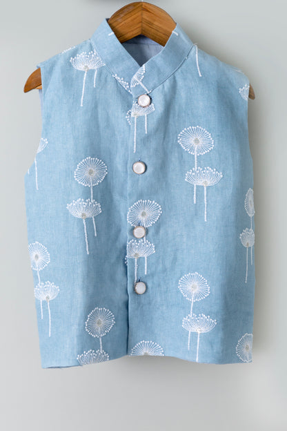 Embossed Cotton Kurta With Dandelion Embroided Linen Blue Jacket