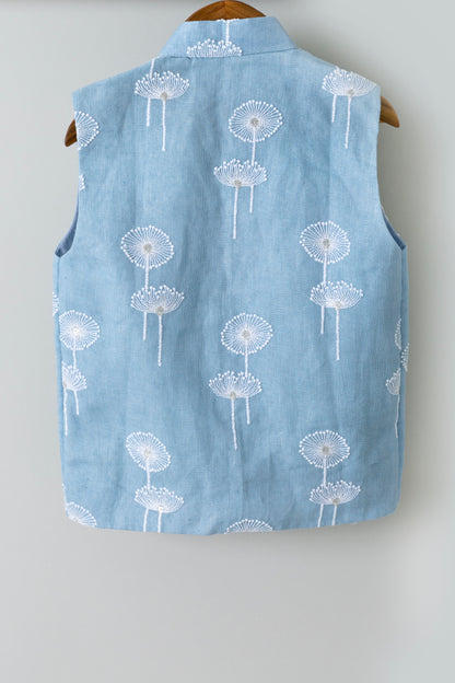 Embossed Cotton Kurta With Dandelion Embroided Linen Blue Jacket