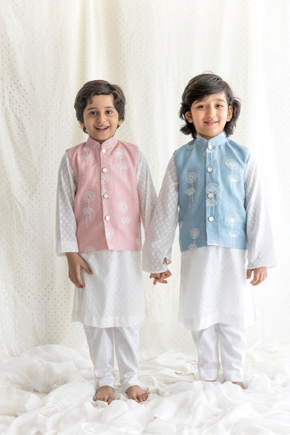 Embossed Cotton Kurta With Dandelion Embroided Linen Blue Jacket