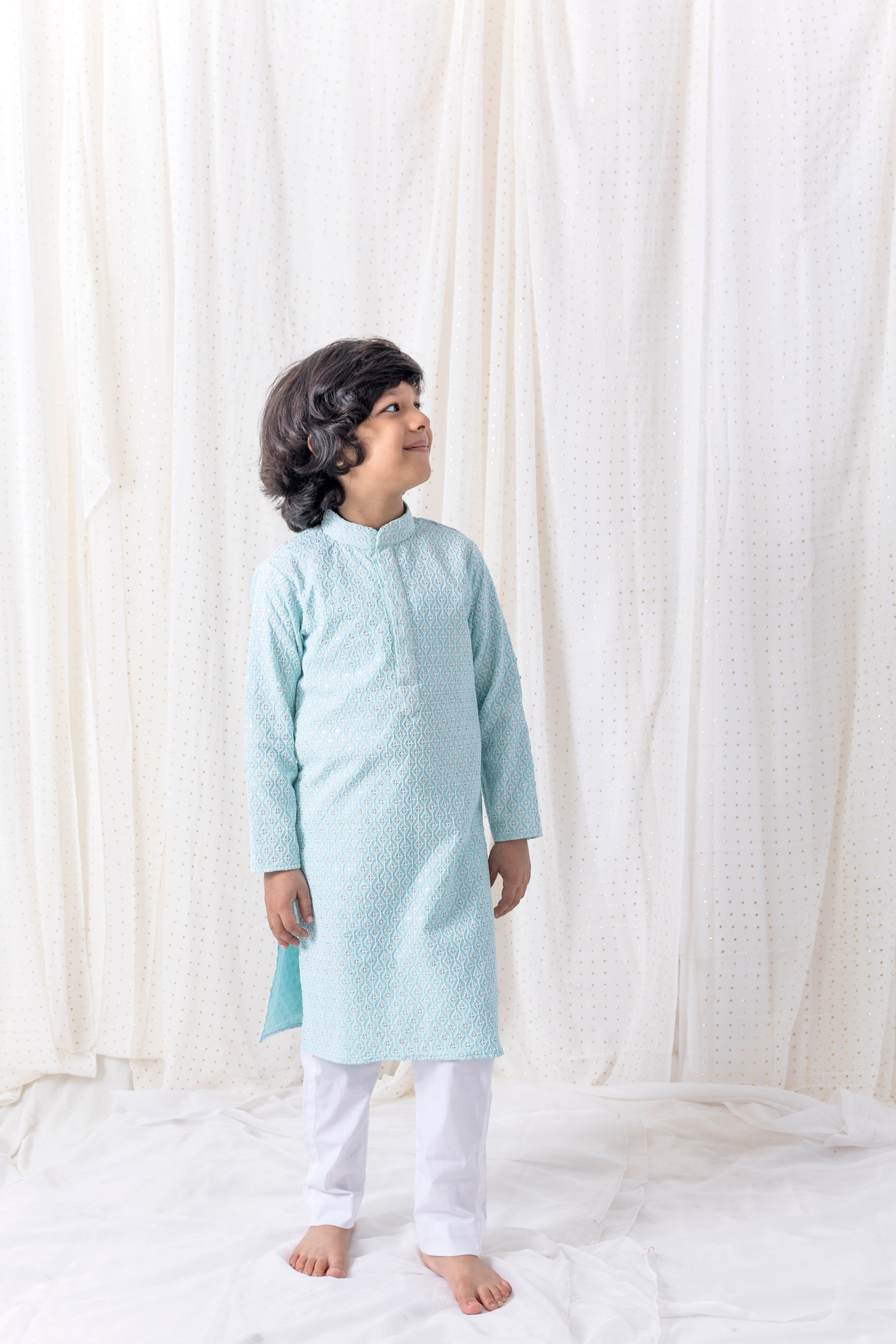 Ice Blue Sequin and Thread Work Kurta Set