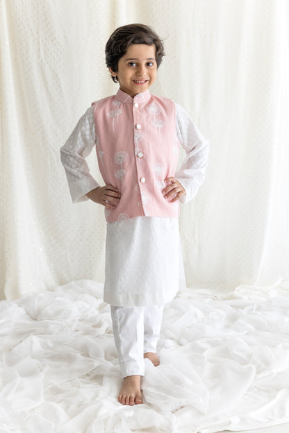 Embossed Cotton Kurta With Dandelion Embroided Linen Pink Jacket