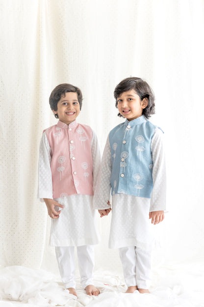 Embossed Cotton Kurta With Dandelion Embroided Linen Pink Jacket