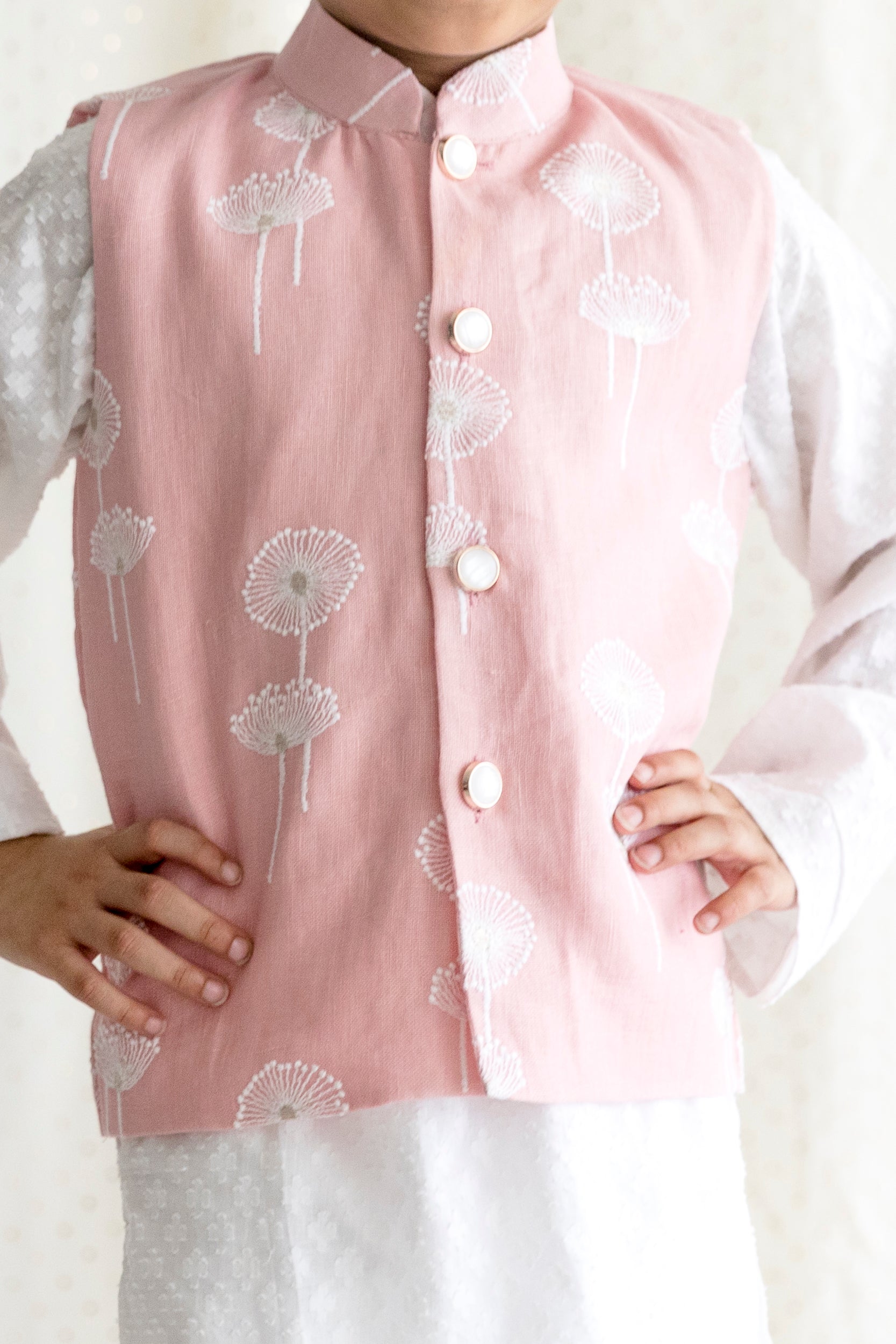 Embossed Cotton Kurta With Dandelion Embroided Linen Pink Jacket
