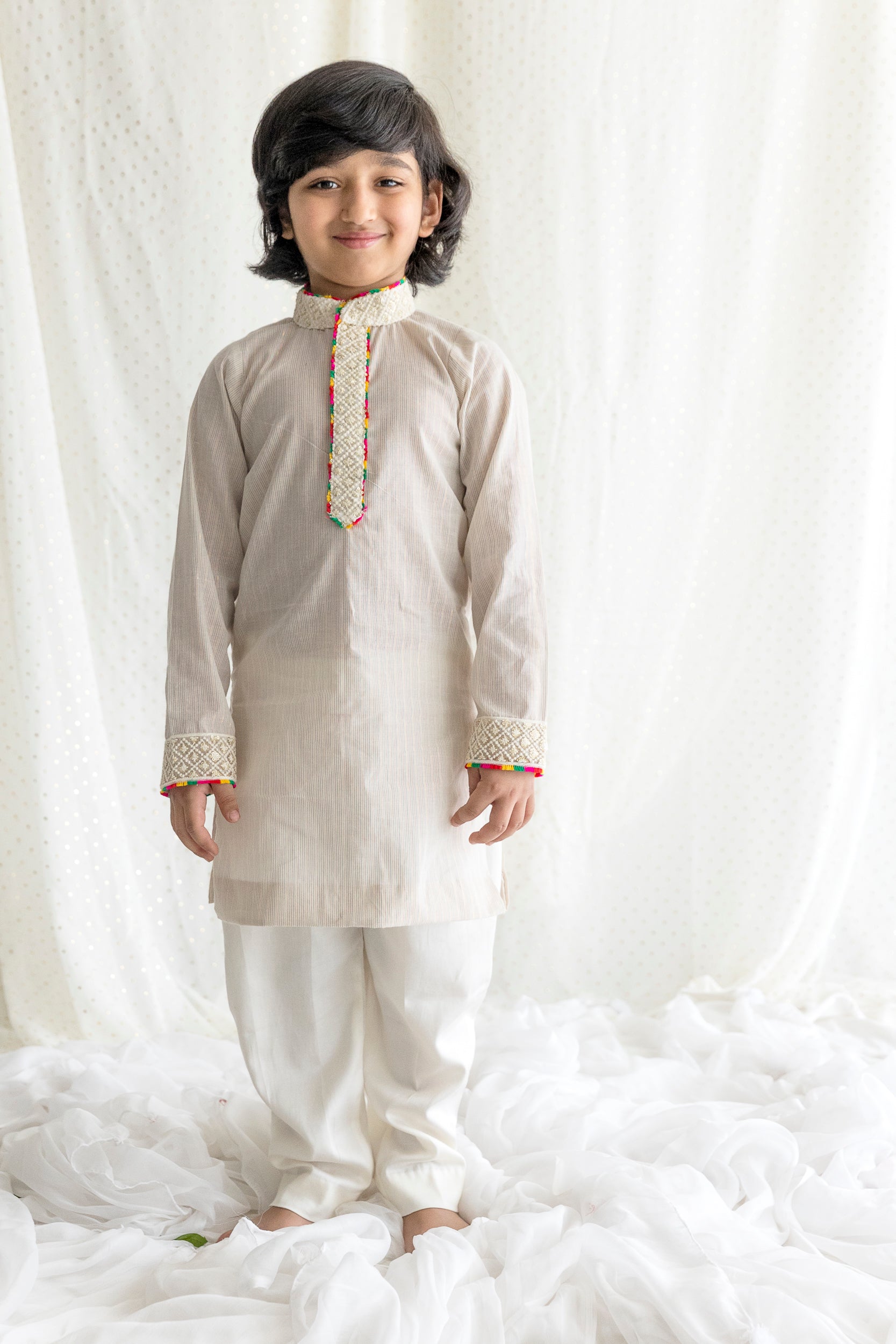 Striped Kurta With Multicolor Detailing At The Neck