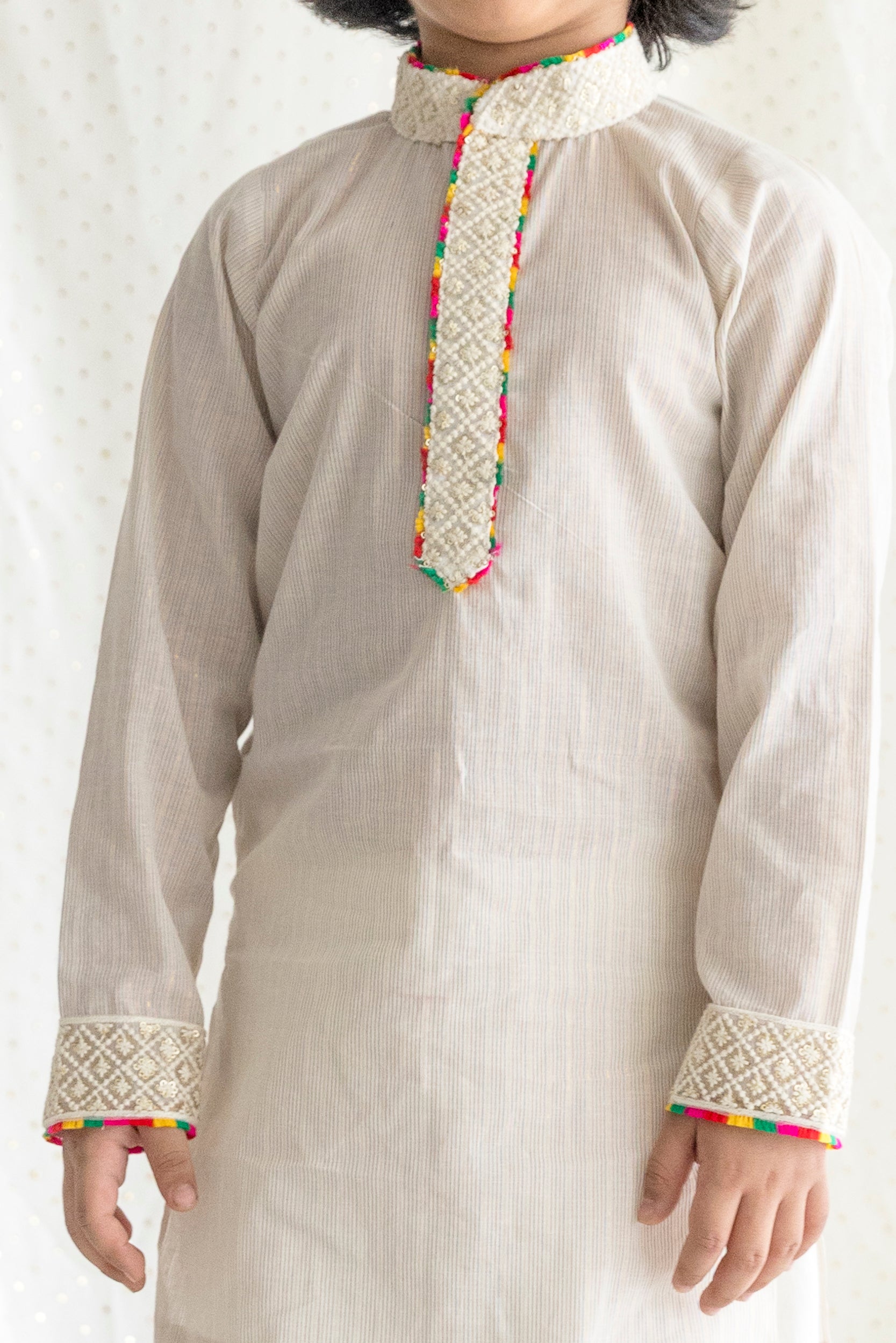 Striped Kurta With Multicolor Detailing At The Neck