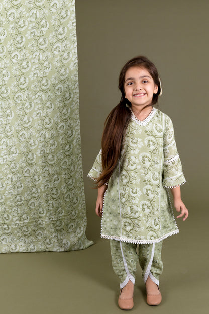 Green Muslin Kurta Dhoti Set
