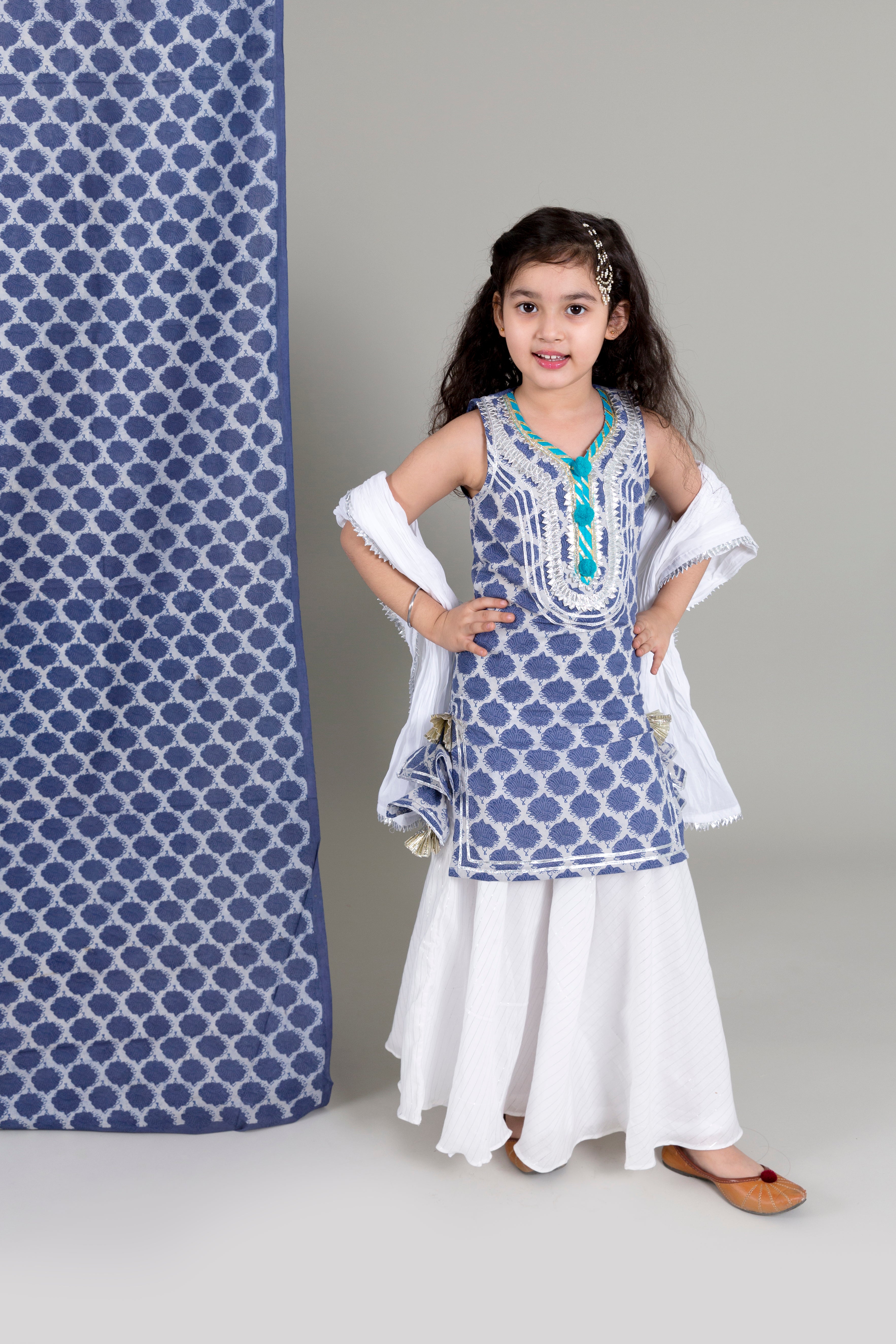 Indigo Kurta With Lurex Skirt And Crushed Mulmul Dupatta
