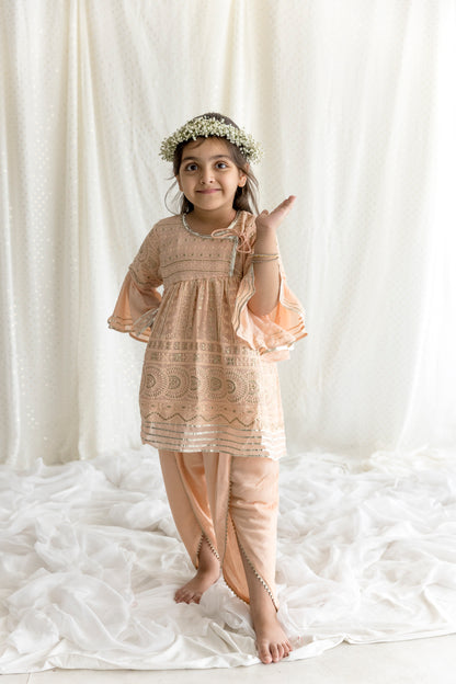 Peach Chikankari Top With Dhoti