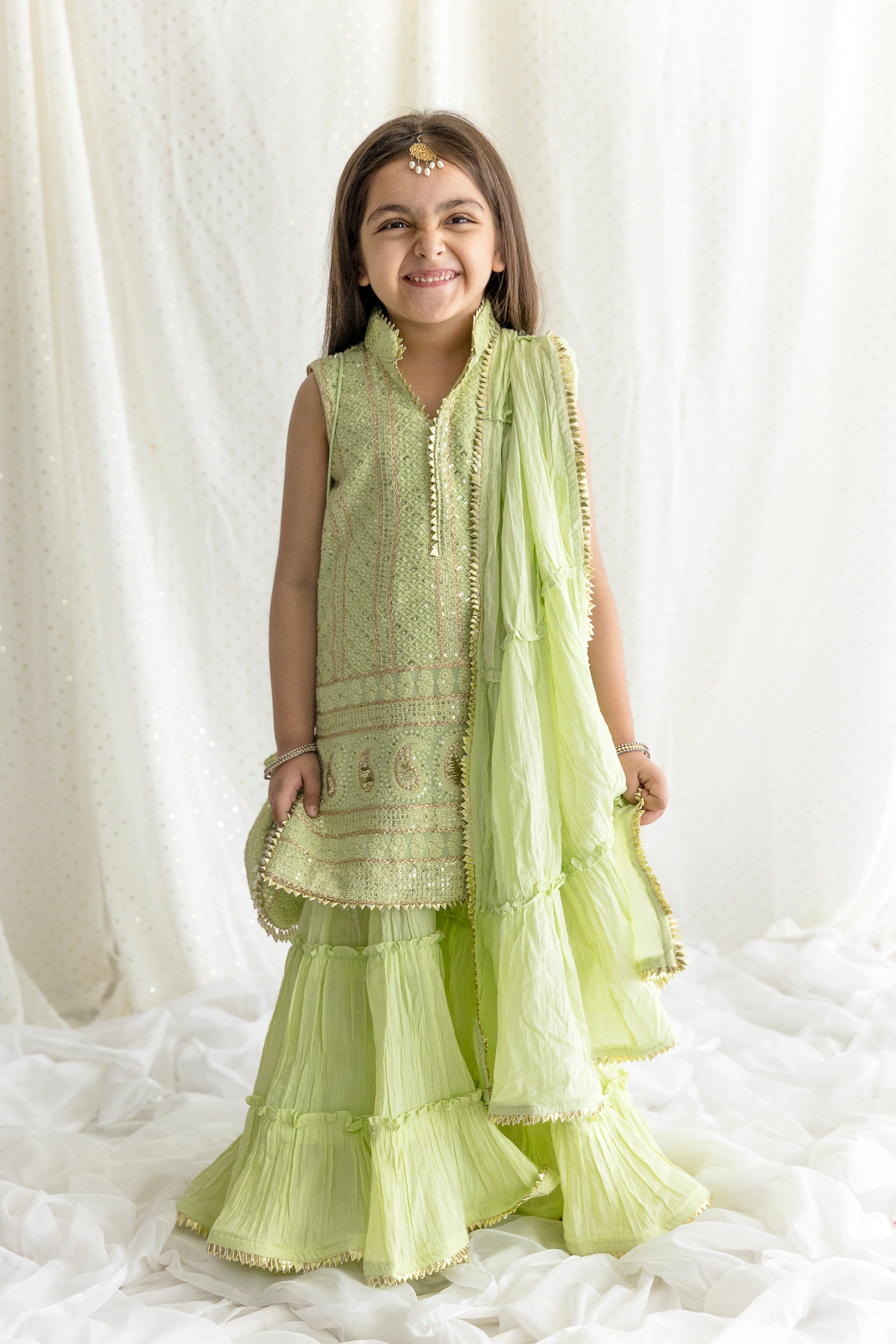 Green Chikankari Top With Mulmul Sharara
