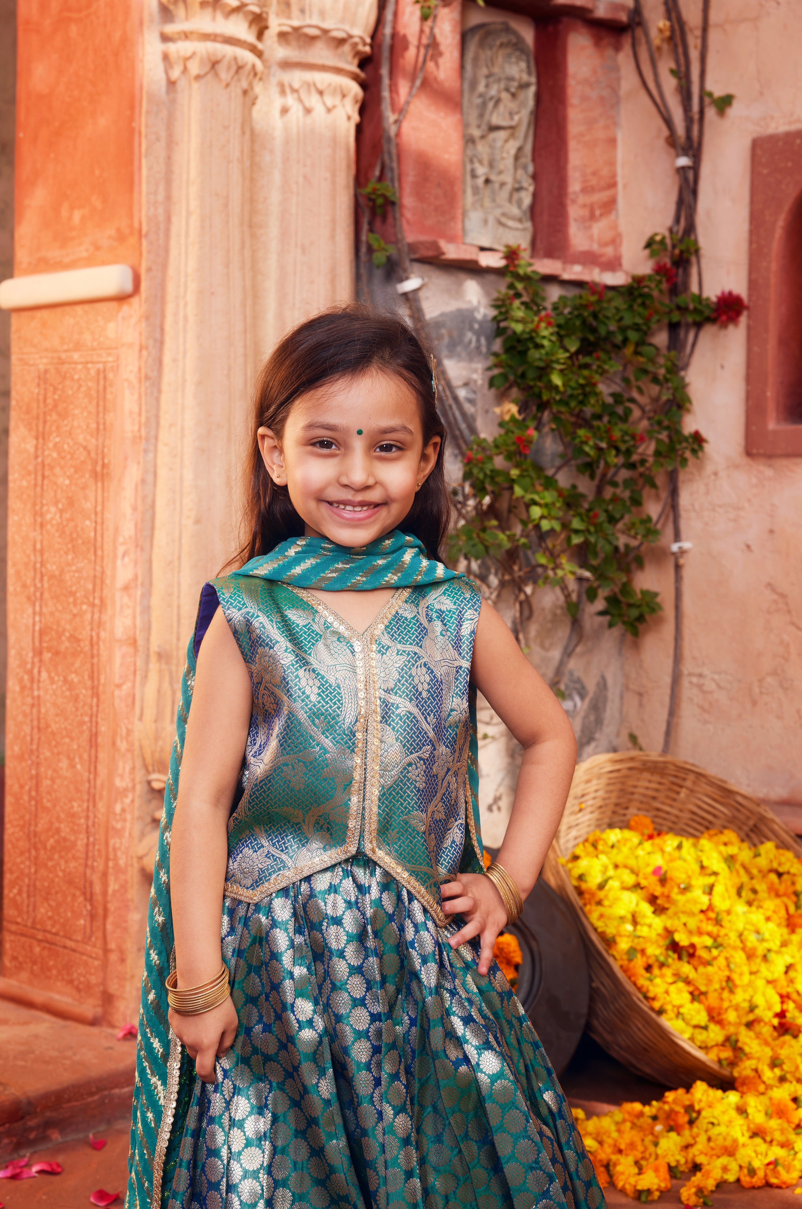 Sky Blue brocade lehenga with matching choli and dupatta