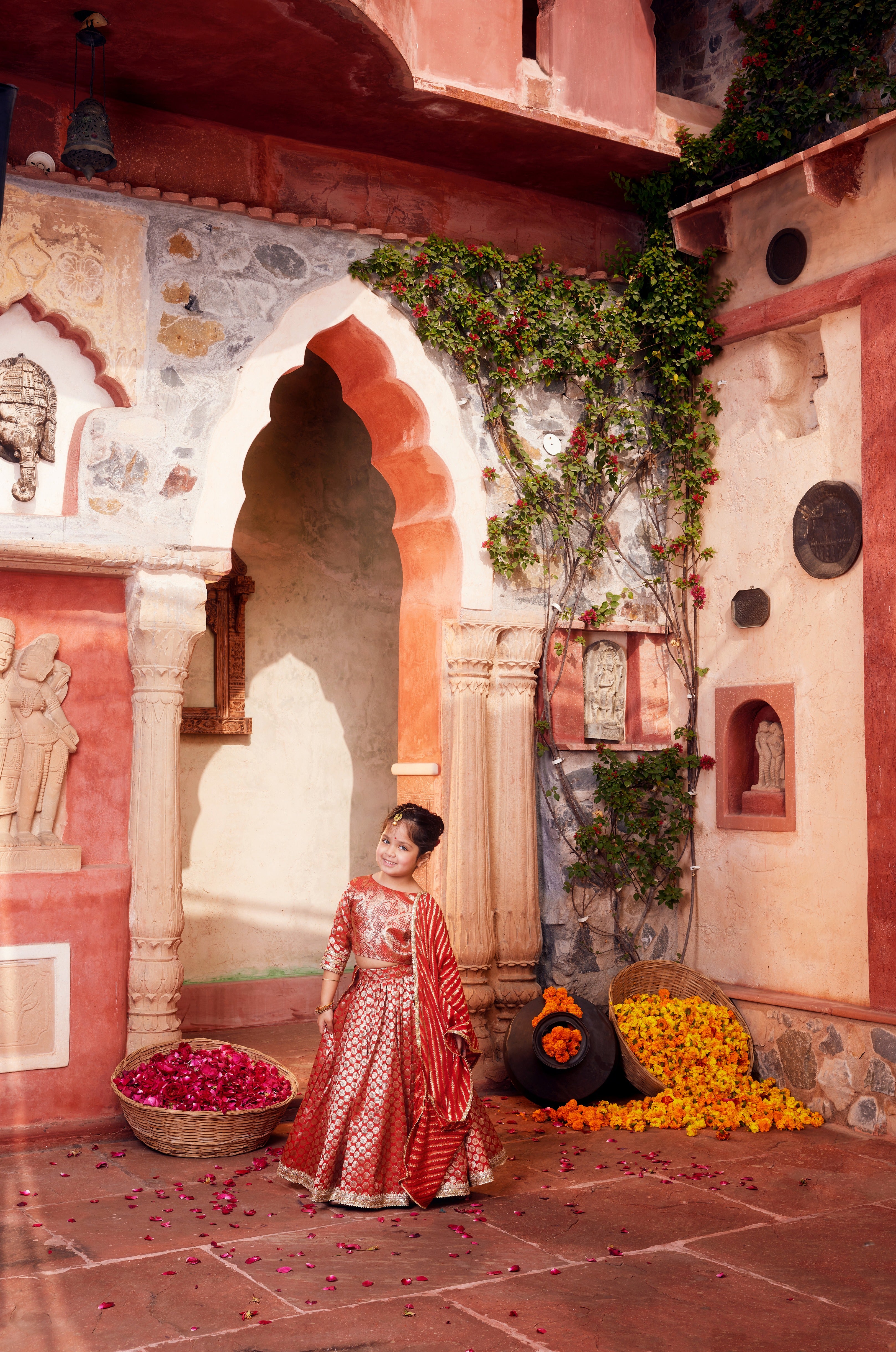Orange brocade Lehenga with matching Choli and dupatta
