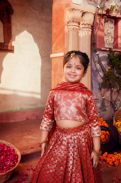 Orange brocade Lehenga with matching Choli and dupatta