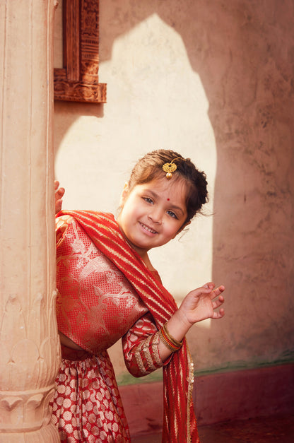 Orange brocade Lehenga with matching Choli and dupatta