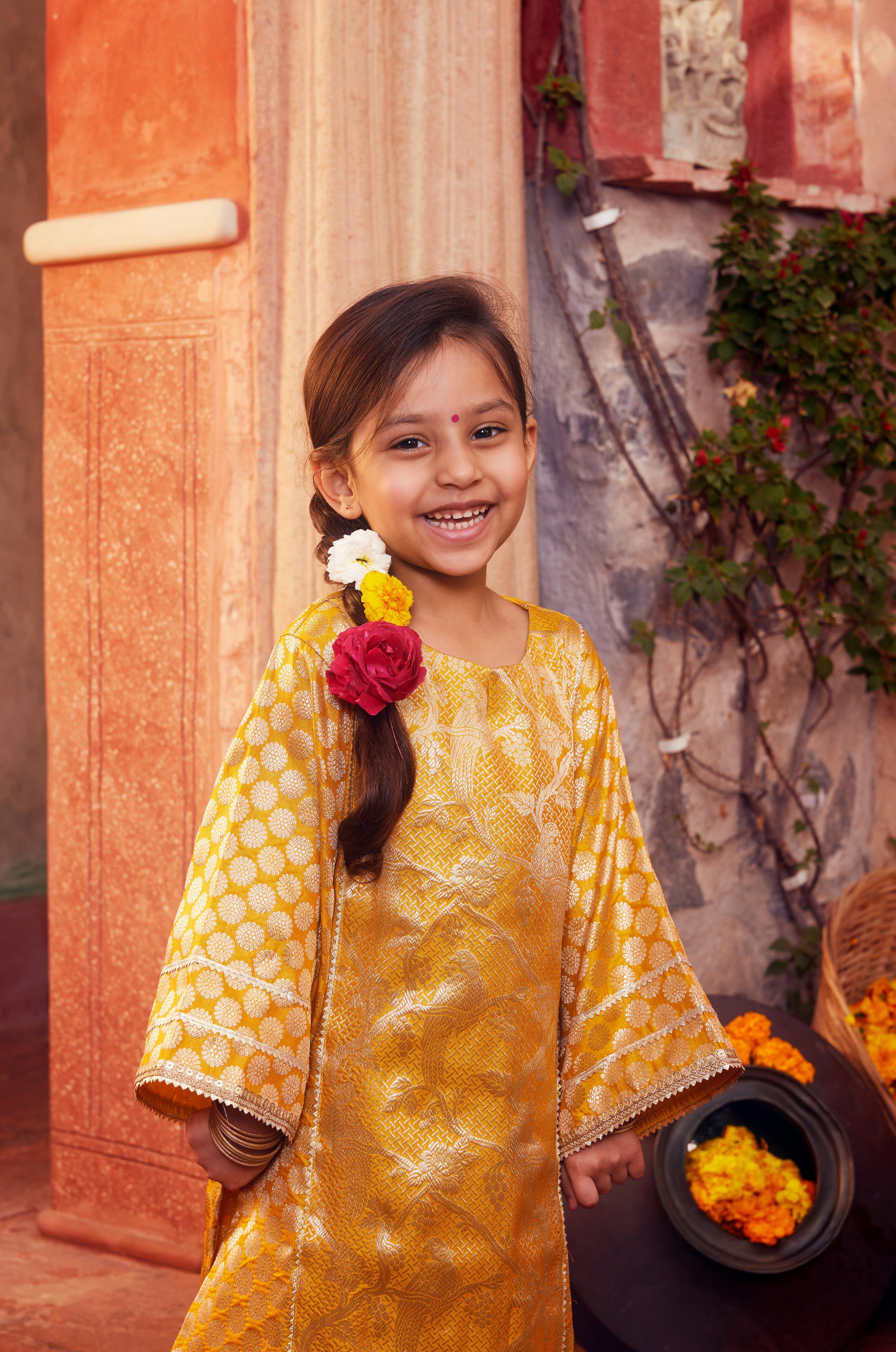 Mustard brocarde kurta with matching salwar
