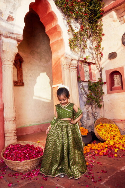 Green brocade lehenga with matching choli and dupatta