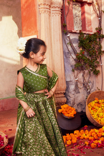 Green brocade lehenga with matching choli and dupatta