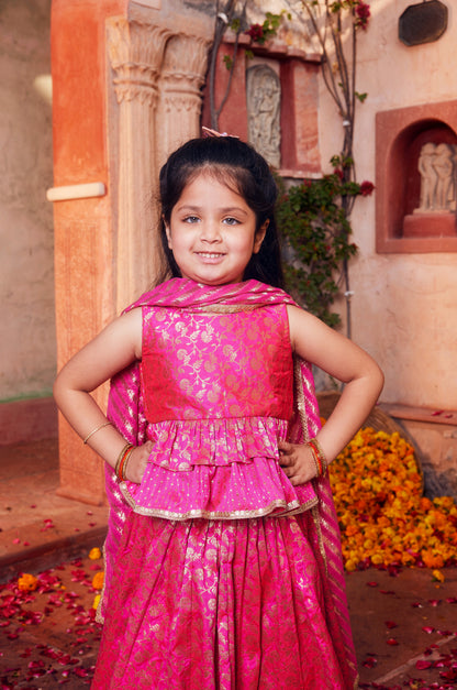 Pink brocade lehenga with matching choli and dupatta